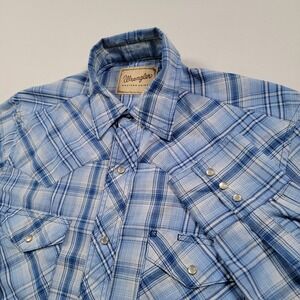 Wrangler Western Shirt Mens M Blue Plaid Long Sleeve Cowboy Rodeo Pearl Snap